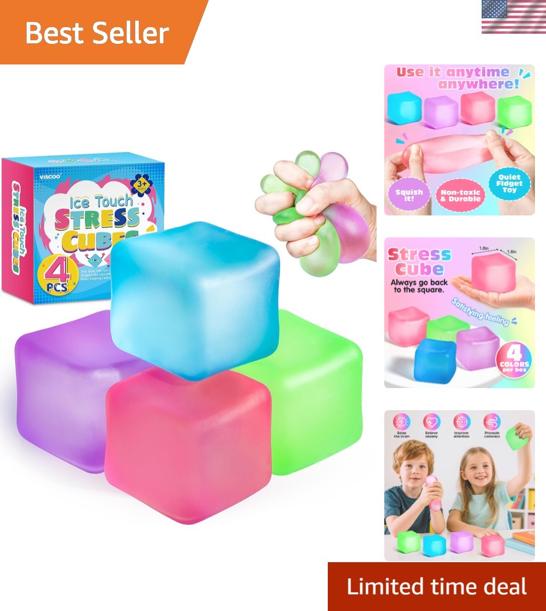 Durable Non-Toxic 4 Pack Stress Cubes – Fidget Sensory Toys for Anxiety Relief