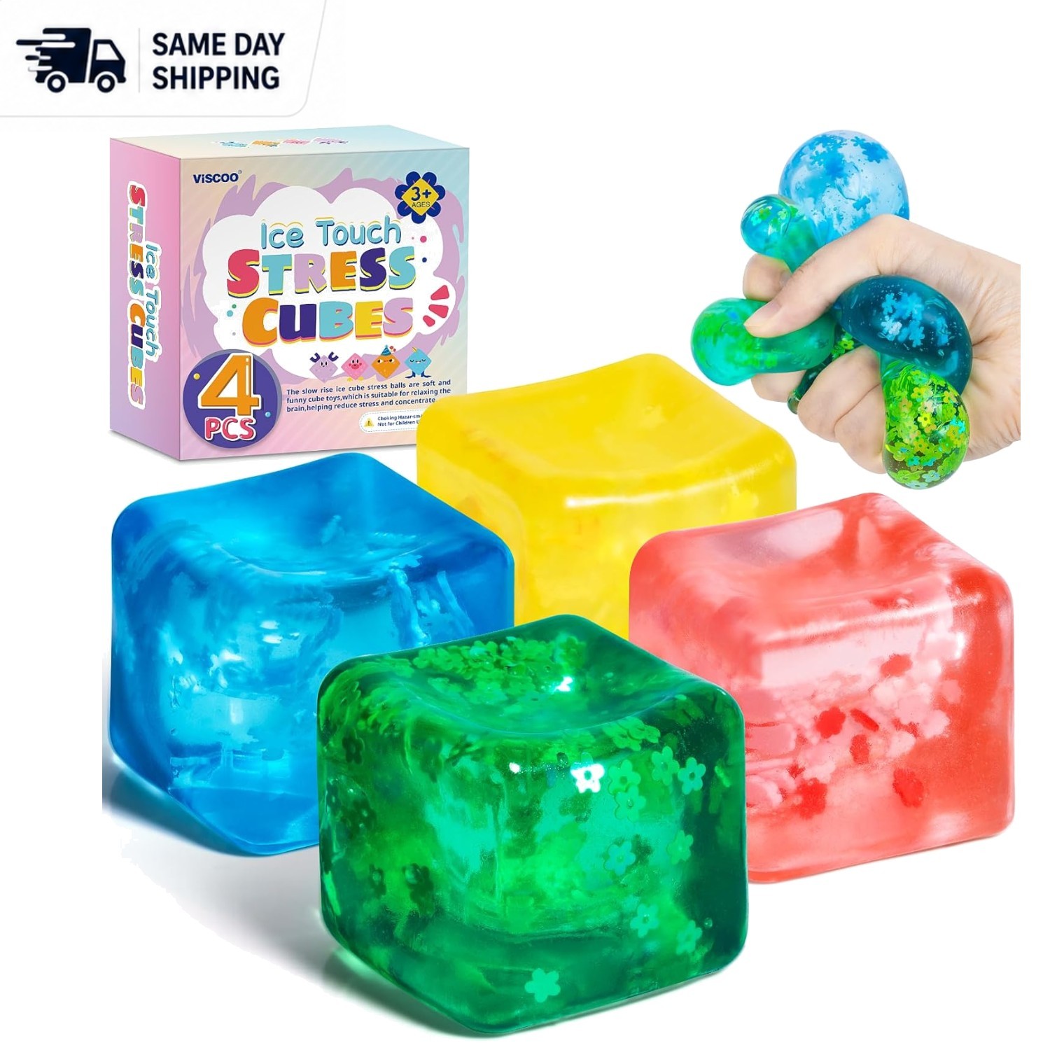 Vibrant Fidget Toys 4 Pack – Soft, Slow Rise Stress Relief Cubes for All Ages