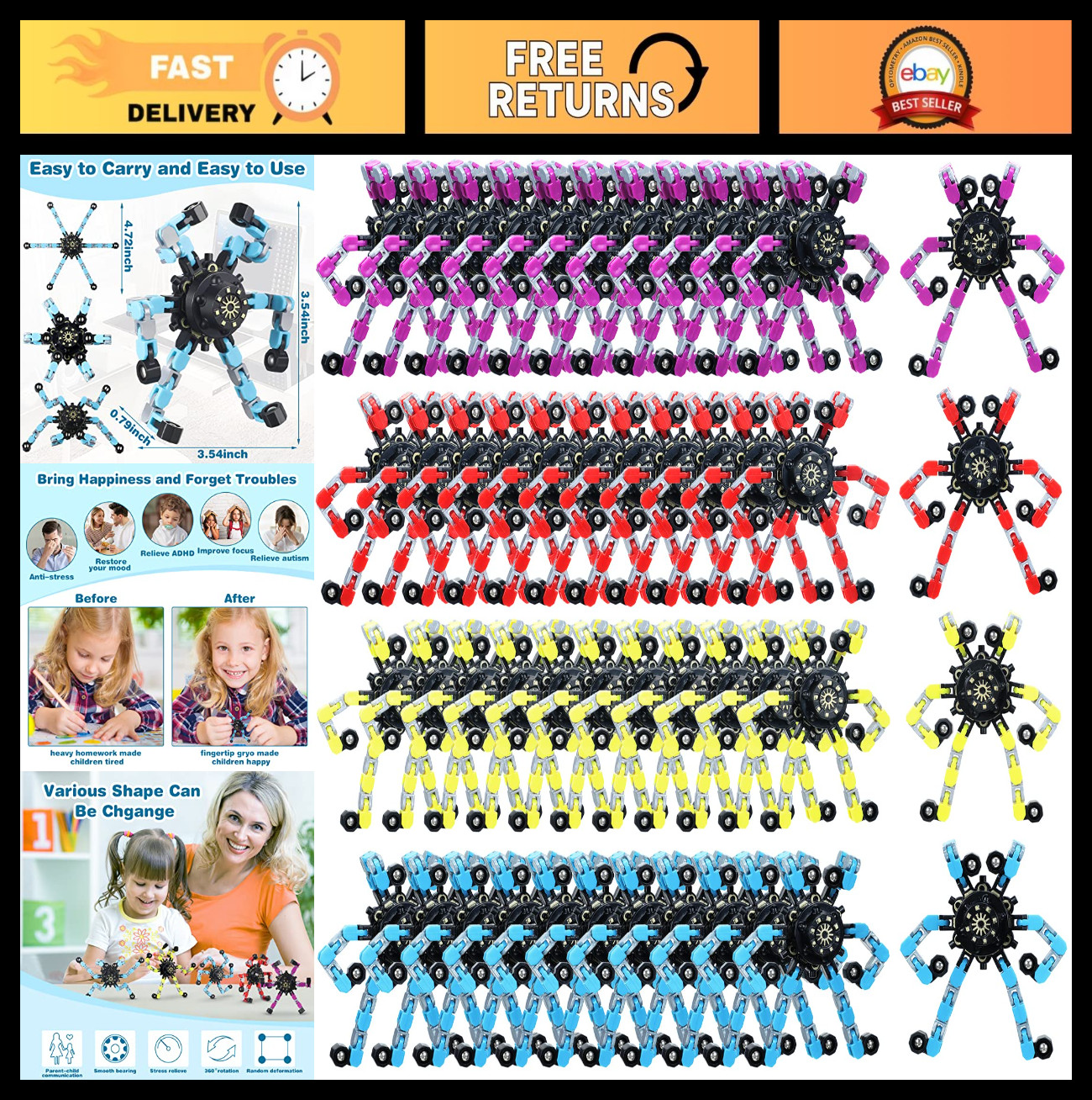 48 Pack Transformable Fidget Spinner Toys – Stress Relief Sensory Toys for Kids