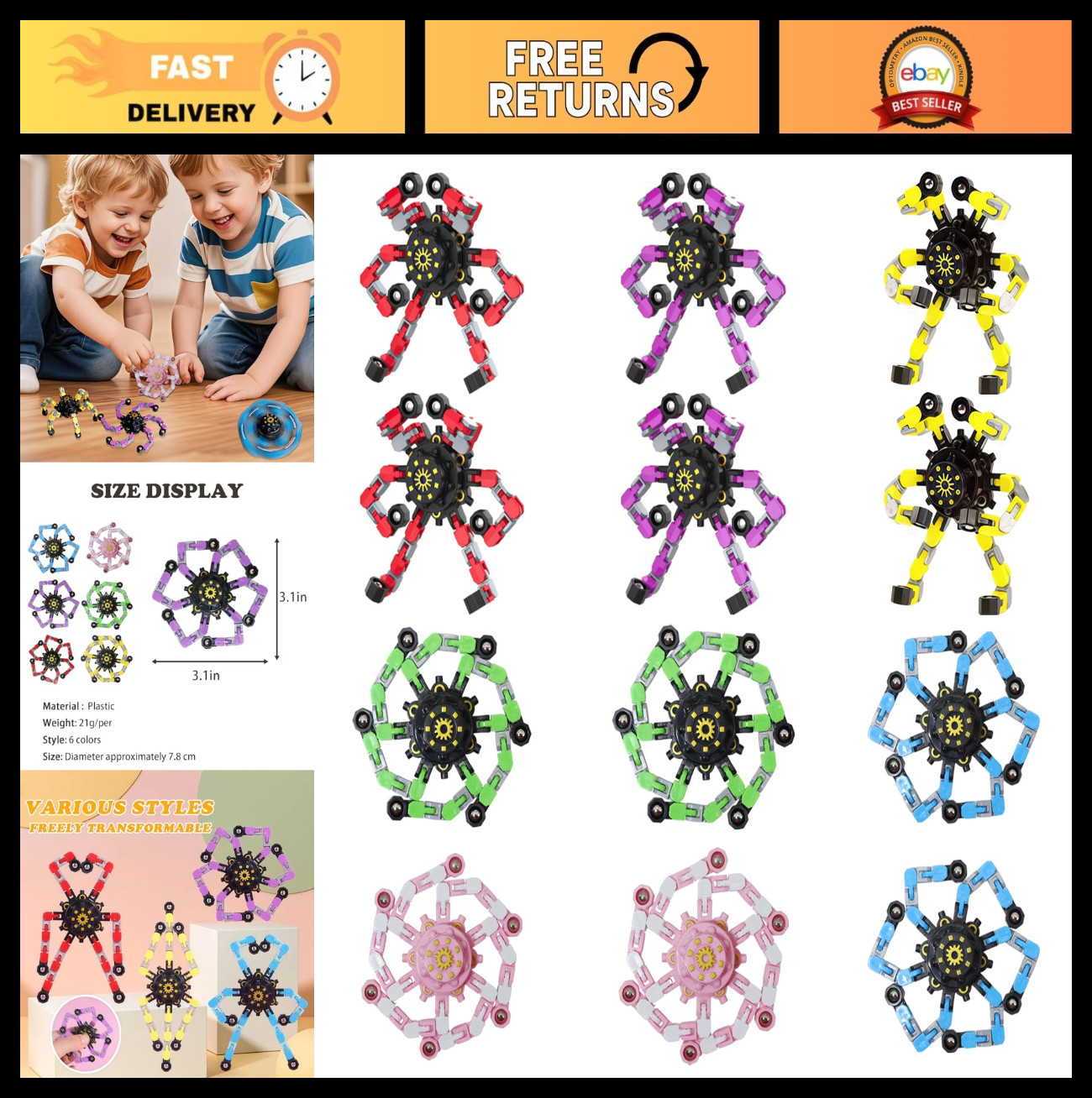 12pcs Transformable Fidget Spinners – Stress Relief Sensory Toys for Kids & Auti
