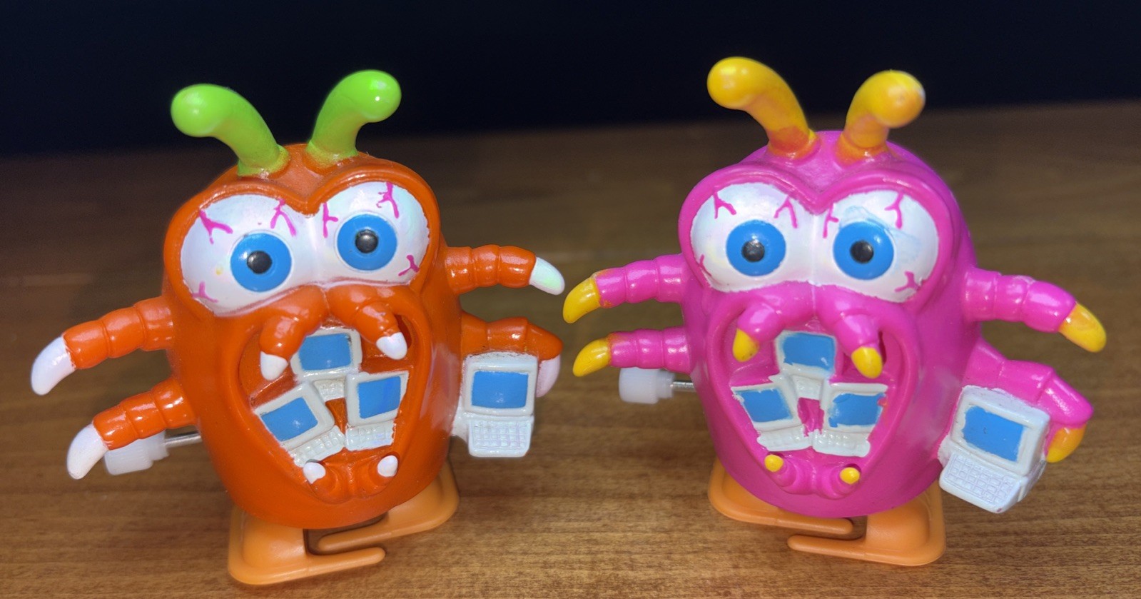Set of 2 VTG Y2K Bug 2000 Computer Virus Wind Up Collectable Toys Orange & Pink