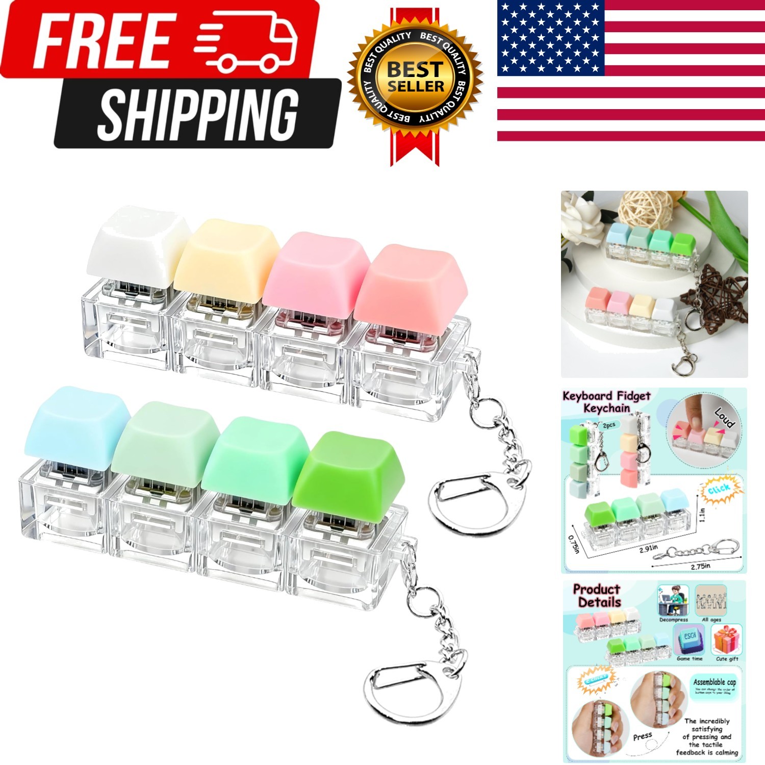 2 PCS Keyboard Fidget Toy, Keyboard Fidget Keychain 4-In-1 Keyboard Decompressio