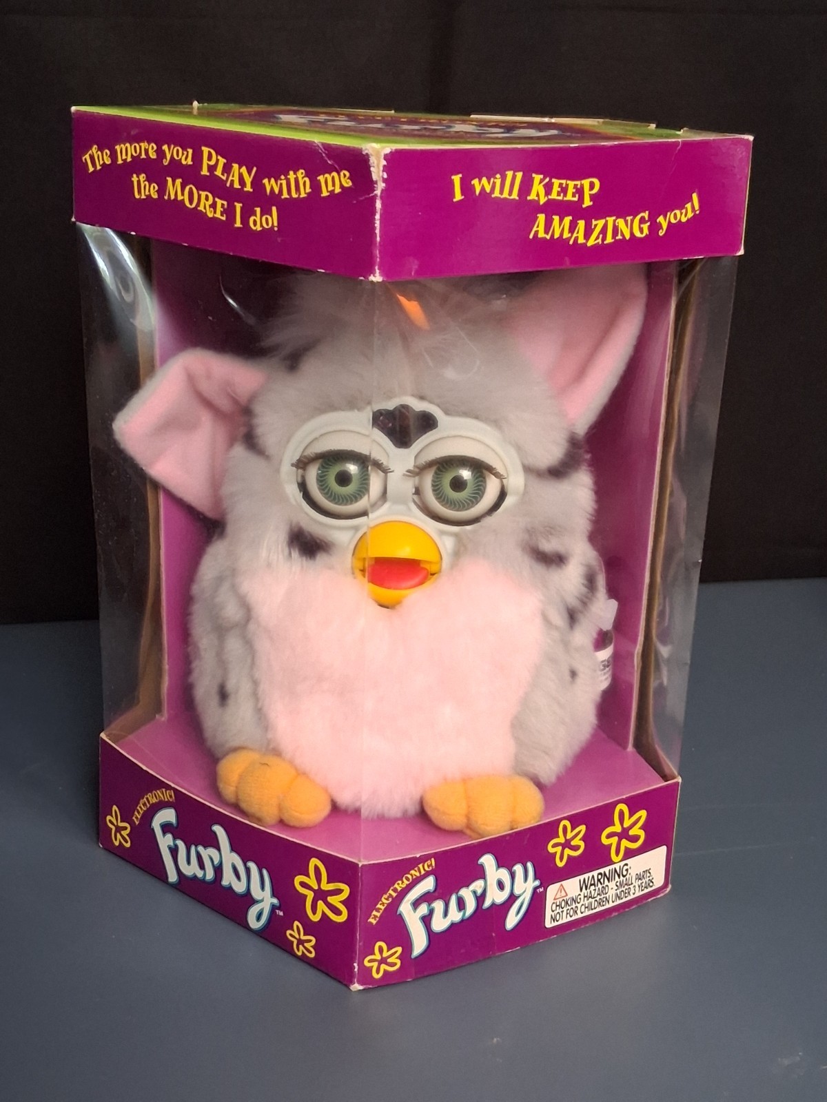 1998 FURBY 1st Gen Grey & Pink Black Spots Leopard Model 70-800 New In Box