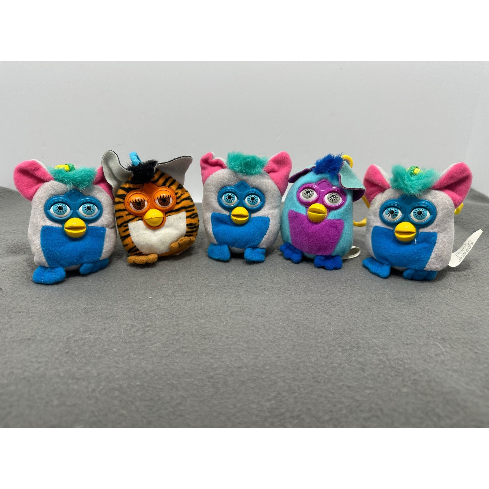 Vintage 2000 Furby McDonald’s Clip-On Plush Set of 5 Tiger Stripe Teal Pink Y2K