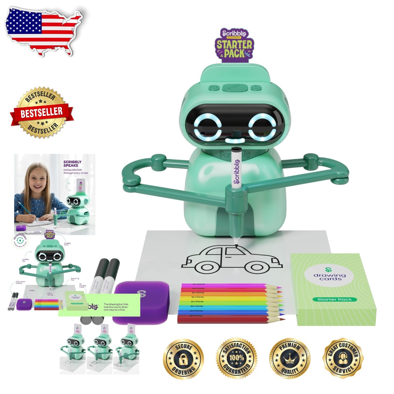 Scribbly Drawing Robot Kids Art Toy – Interactive Voice Coach, 50 Cards, Rech…