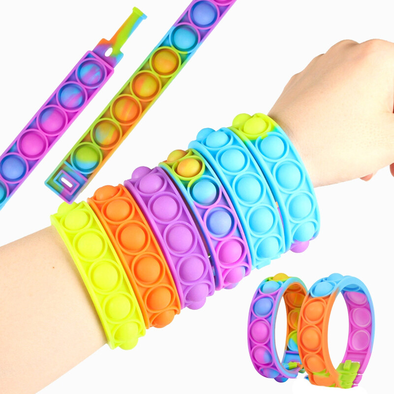 10 Set Silicone Rainbow Kid Band Push Bubble Pop Sensory Fidget Toys Bracelet